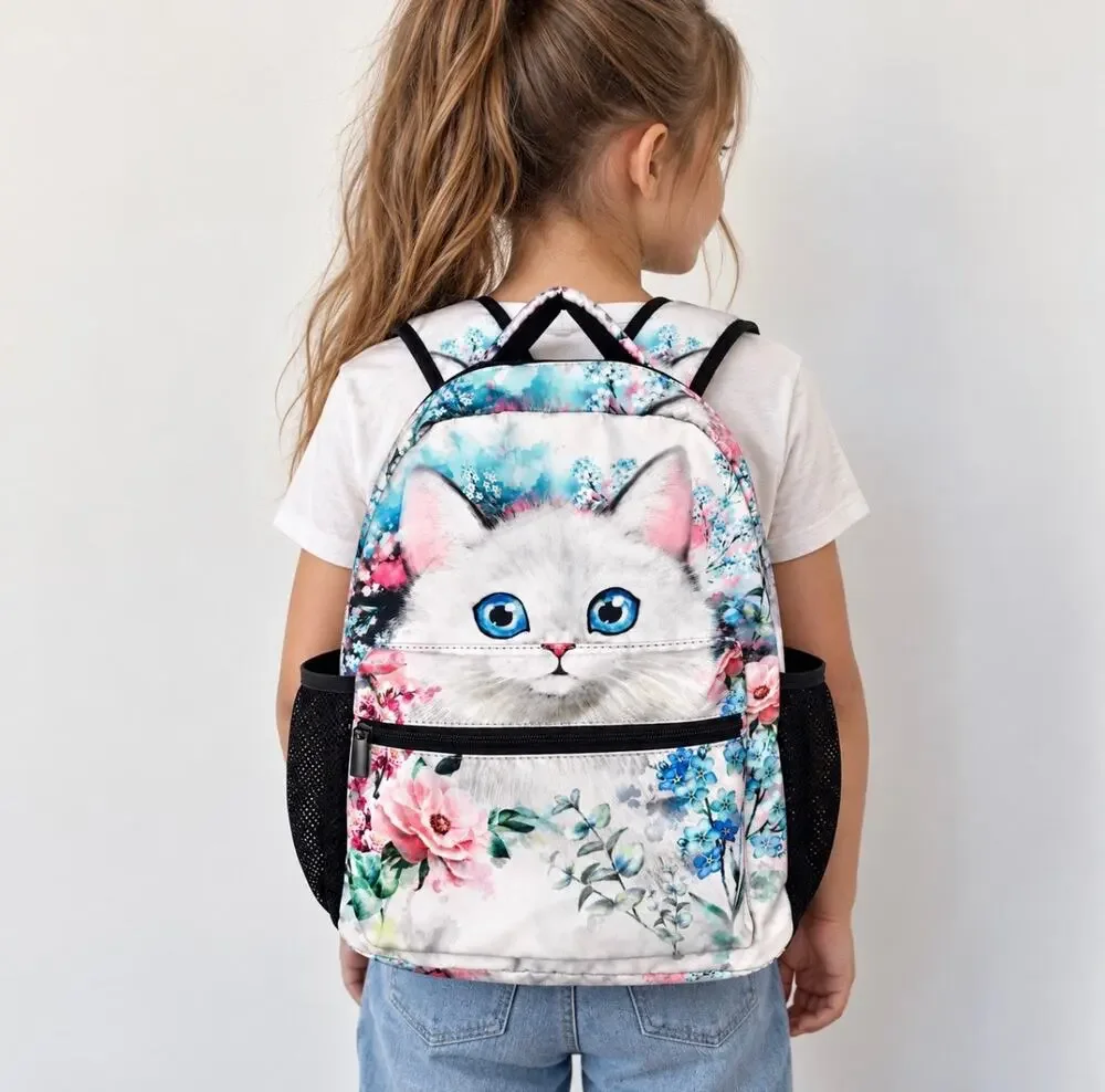 Cat Floral Backpack White Blue Pink Black School Travel Bag Backpack